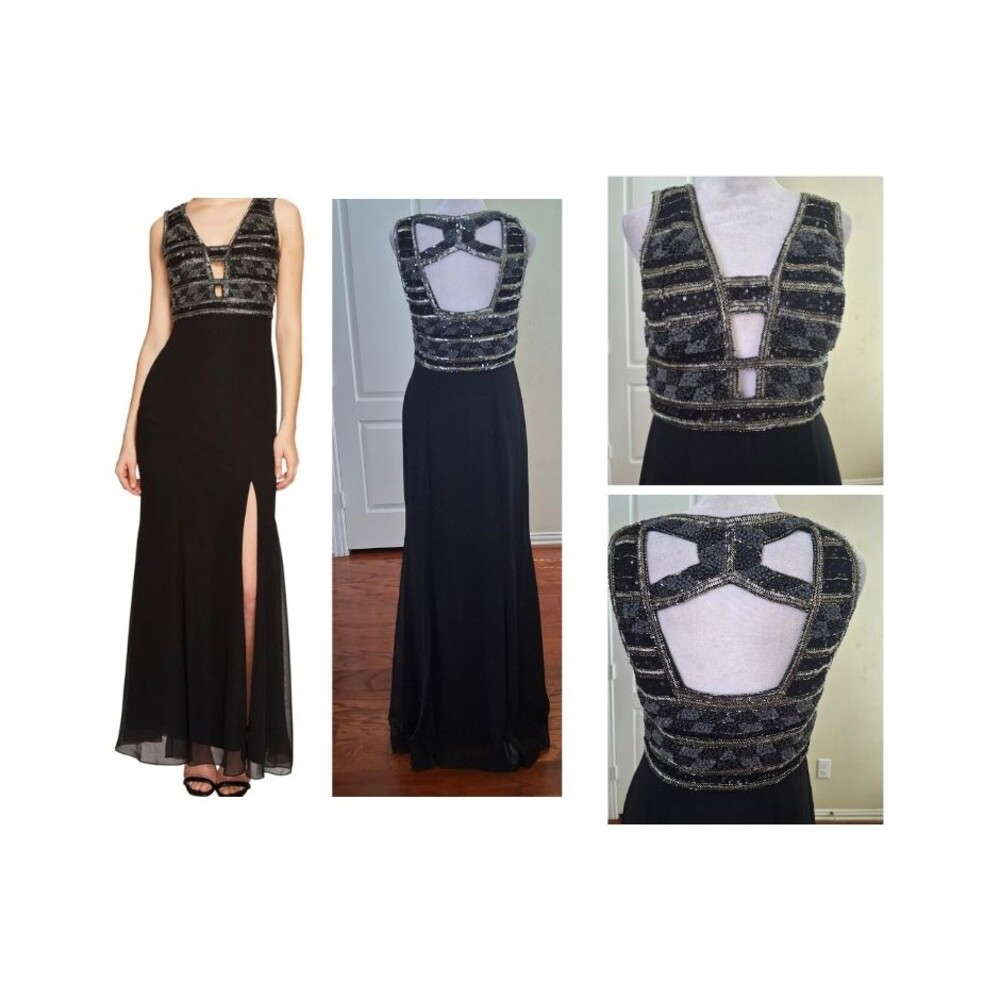 Adrianna Papell Beaded Cutout Formal Dress Black 4 Dark Romantic Goth Slit